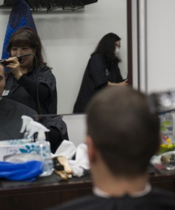 Man and Hairdresser in Barber Shop at Atsugi, Japan