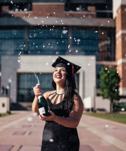Classic bottle popping shot for graduation in Texas, Fort Hood