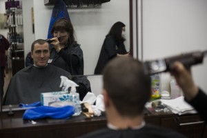 Man and Hairdresser in Barber Shop at Atsugi, Japan